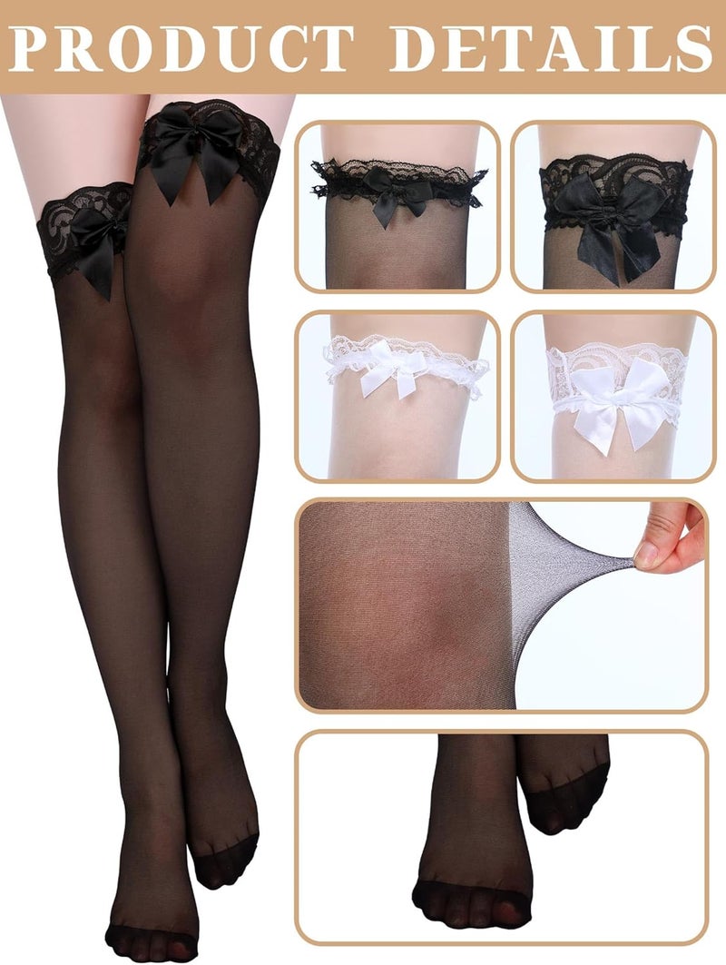 Fourluoo 4 Pairs Women Lace Thigh High Stockings White Black Sheer Fishnet Knee High Socks with Bow for Spring Valentine - Image 4